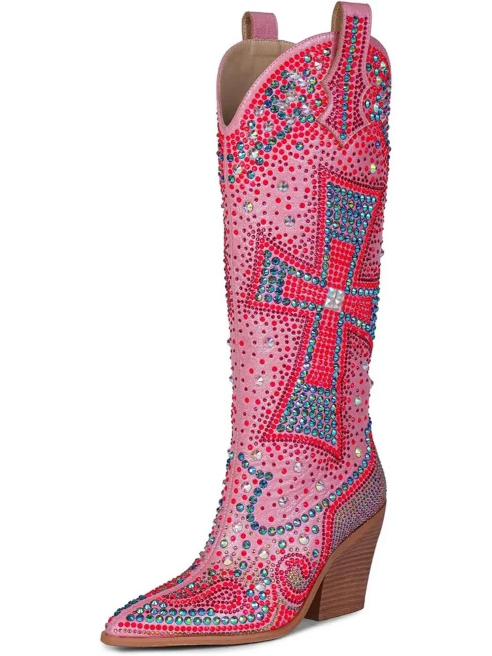 Women's Multi Pink Crystal Cross Embellished Pointed Toe Sparkly Cowgirl Boots